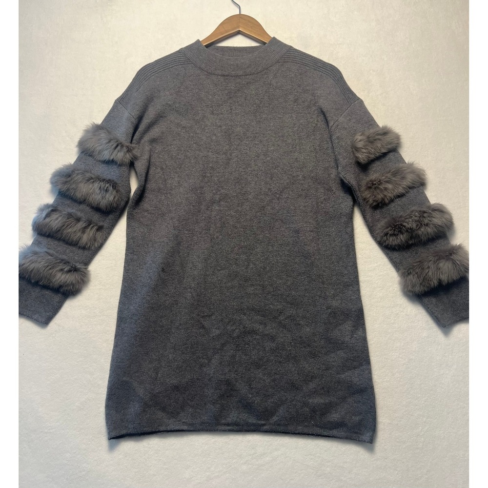 Pinch Small Sweater Dress Chic Faux Fur Sleeve Grey Knit Crew Neck Mini Cozy
